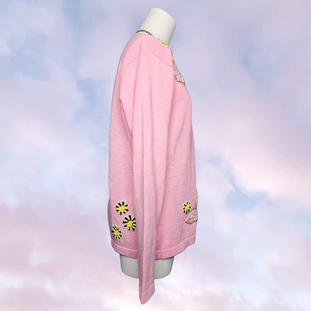 Vtg 80 90s Storybook Knit Pink Yellow Butterfly Flower Coquette Spring Sweater M - Picture 4 of 7
